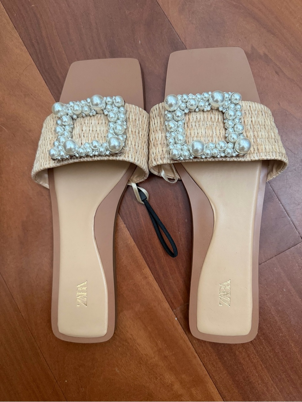 ZARA Natural Raffia Slide Sandals with Pearl-Embellished Buckle